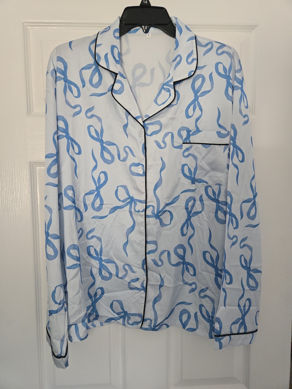 Blue Ribbon Print Satin Pajamas